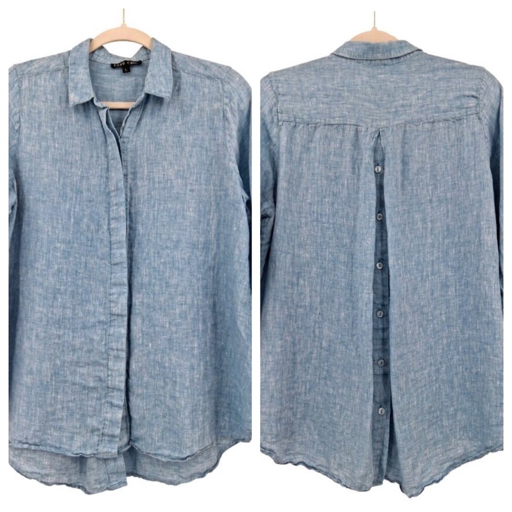 BOHO CHIC Blue Linen Button Up Shirt Size XL Back Button Detail Lagenlook Beach